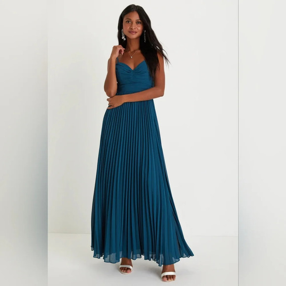 Lulus Sensational Charmer Teal Blue Pleated Sleeveless Maxi Dress M Wedding Prom - Picture 2 of 9